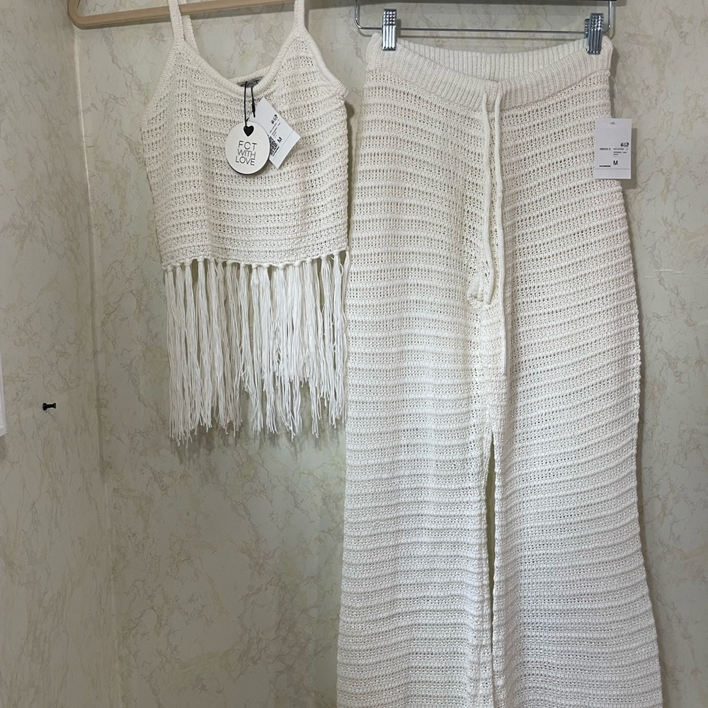 Forever 21 Cream Wide Leg Pants & Fringe Top Set